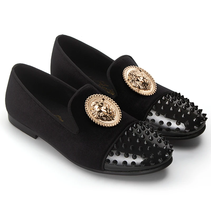 Harpelunde Lion Emblem Dress Wedding Prom Shoes Spikes Cap Toe Tuxedo Velvet Loafers