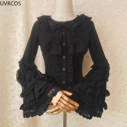 Japanese Victorian Vintage Lolita Shirts Women Vintage Sweet Flare Long Sleeves Slim Tops Female Gothic Y2k Black White Blouses