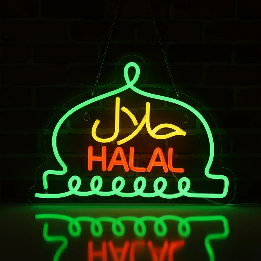 

Халяльная светодиодная неоновая вывеска с питанием от USB и диммером для арабского ресторана Халяльный магазин еды Мусульманские бизнеса Коммерческий декор стен