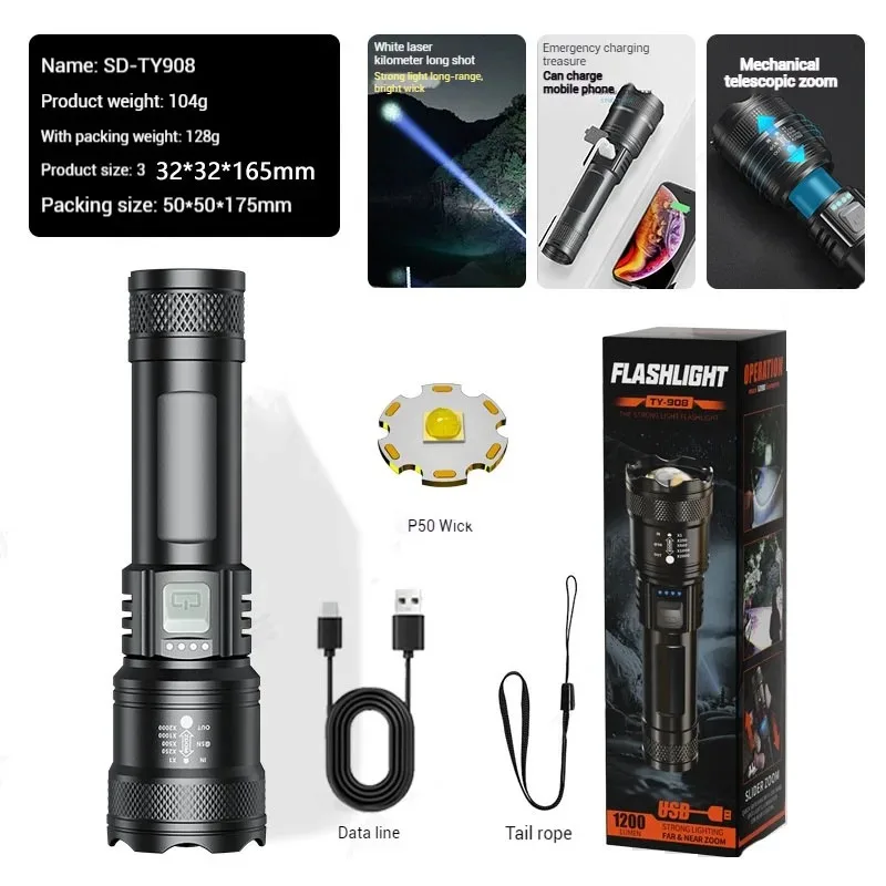 Cross-Border New Strong Light Flashlight Outdoor Multi-Functional Long-Range Lighting Flashlight White Laser Working Side Light