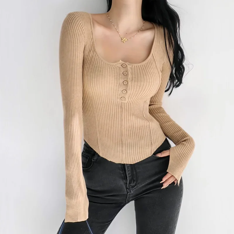 Women Spoon Neck Knitted Jumper With Buttons Front And Seam Detail