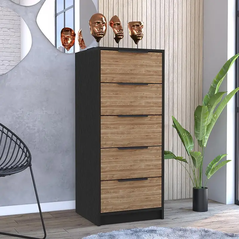 5-Drawer Dresser, Metal Handle, Black Wenge & Pine Finish, Storage Solution for Bedroom or Living Room