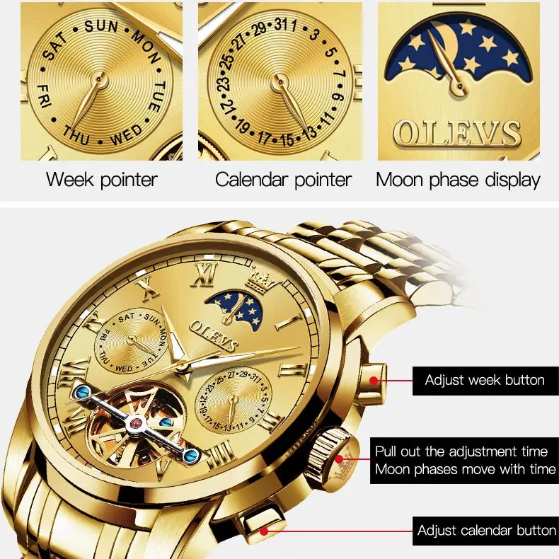 OLEVS Original Automatic Mechanical Watch for Men Luxury TOP Brand Waterproof Luminous Moon Phase Tourbillon Wristwatch Male