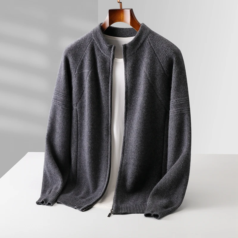 Winter 100% Wool Men's Half-High-Necked Shoulder Cardigan Coat Padded Cashmere Knit Coat