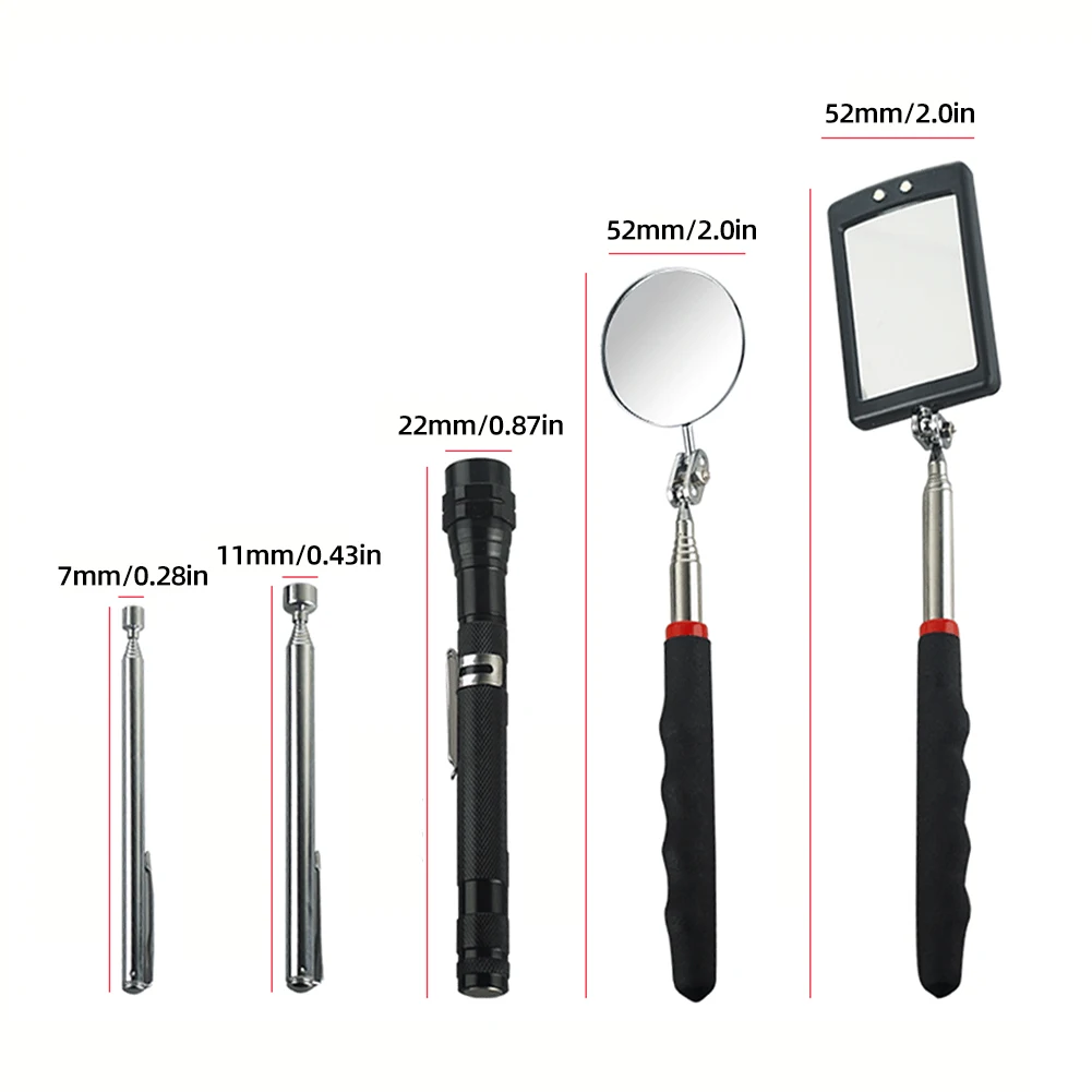 

5Pcs Telescoping Inspection Mirror Round Square Telescopic Handle Repairing Tools for Checking Observing Vehicle Small Parts