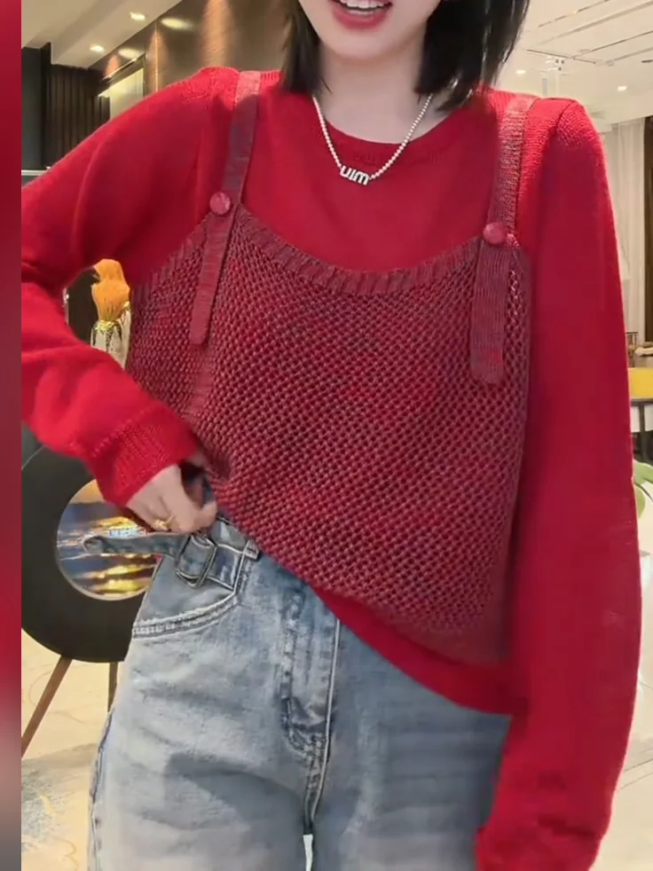 

Вязаный свитер больших размеров, весенний, повседневный, с уникальным дизайном, свободного кроя, с длинными рукавами, круглым вырезом, с узором, имитация двухслойности