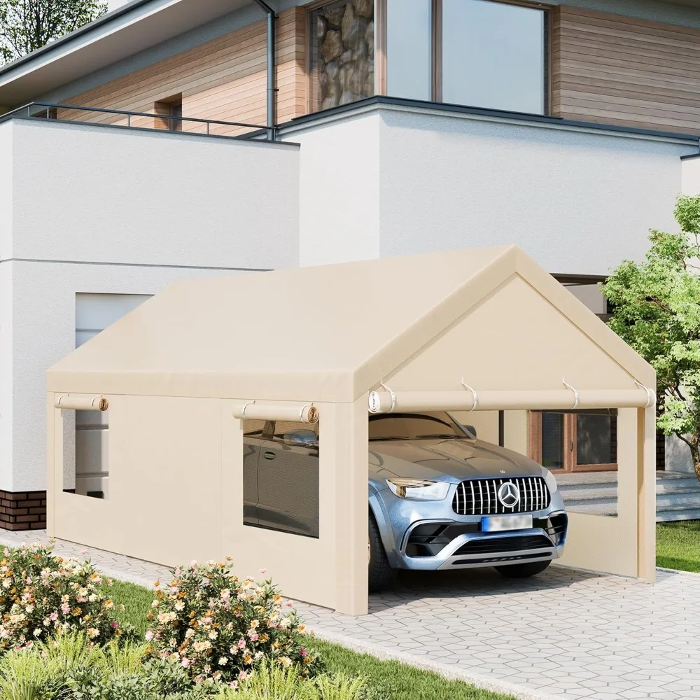 

12x20 Ft Heavy-duty Carport with Roller Blinds, Removable Side Walls and Doors, and A Portable Garage Roof.