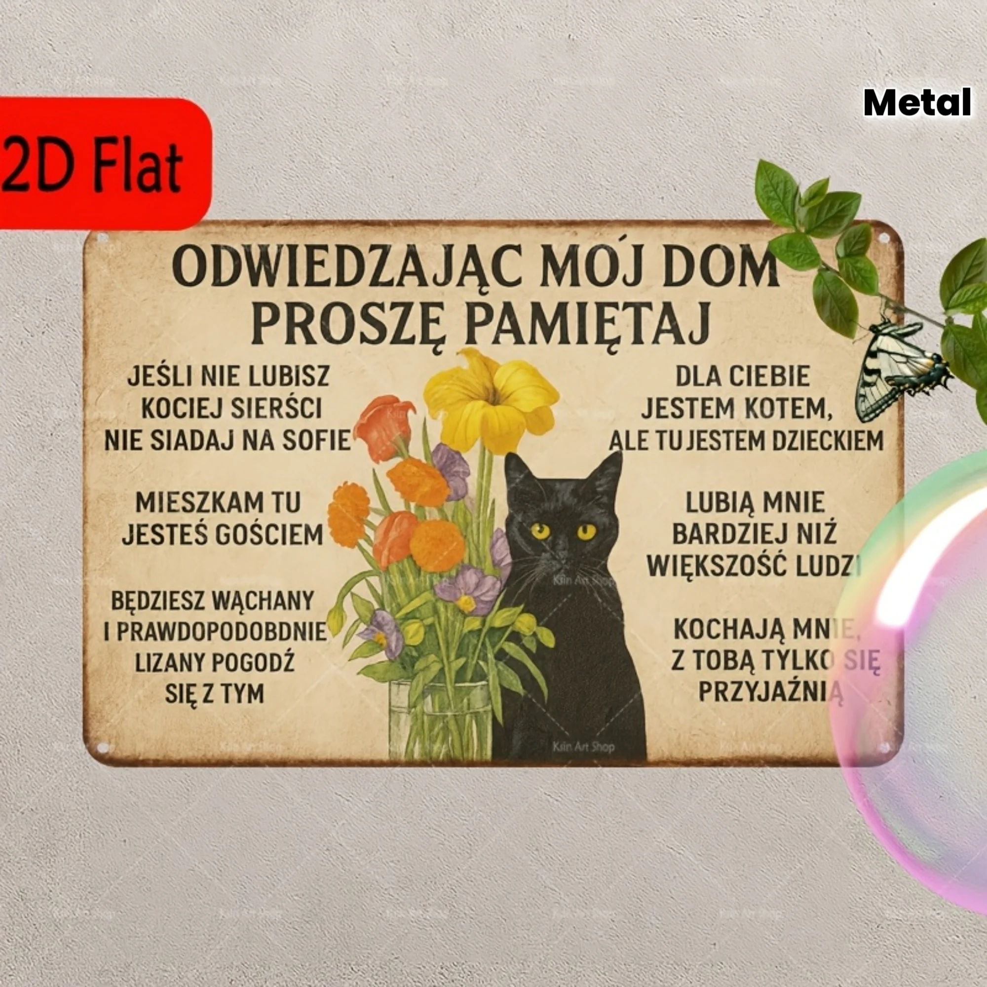 1pc Polish Slogan Vintage Metal Decorative Painting, Featuring a Cat-Themed Home Warm Reminder, Suitable for Living Room