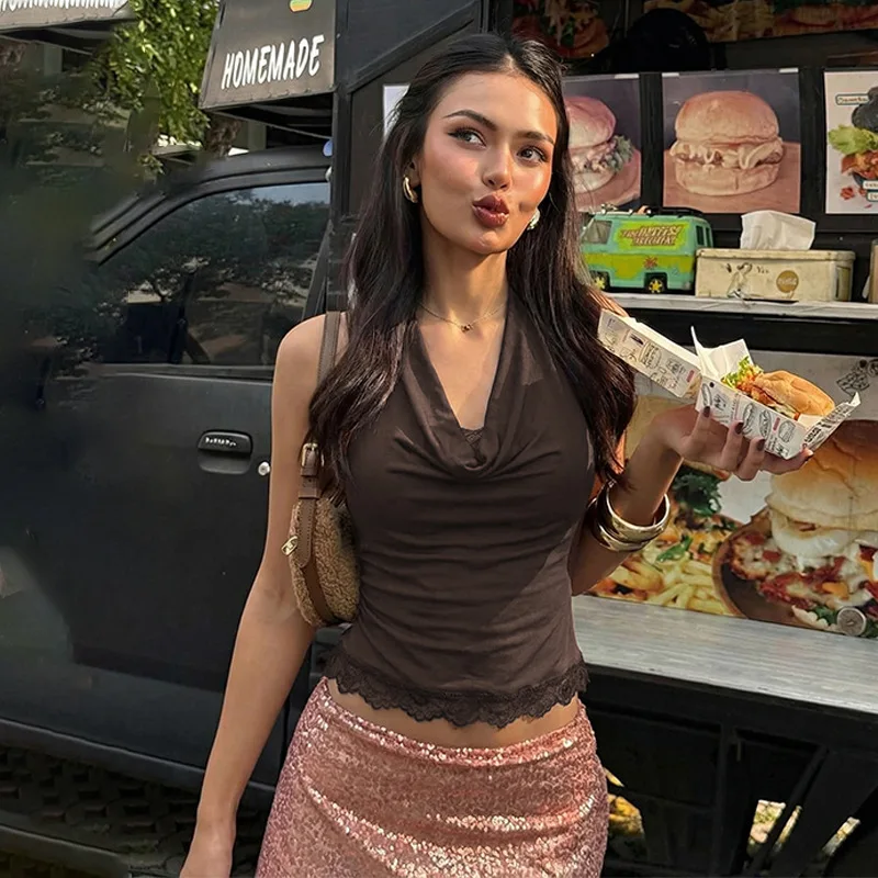 Sexy Backless Tight Tops Chic Women's Halter Lace Patchwork Top T-shirt Black Summer Female Clothing New Tees Green 2026 Brown