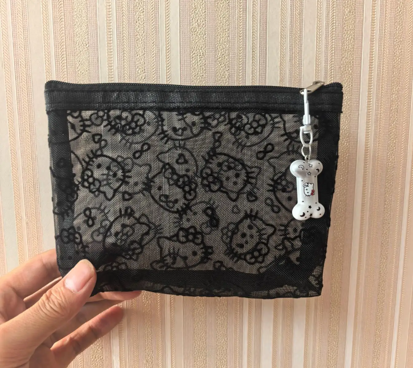 Kawaii Lace Hello Kitty Cosmetic Bag Cute Vintage Coin Purse Black Mesh Storage Bag Portable Makeup Bag Gift image 6