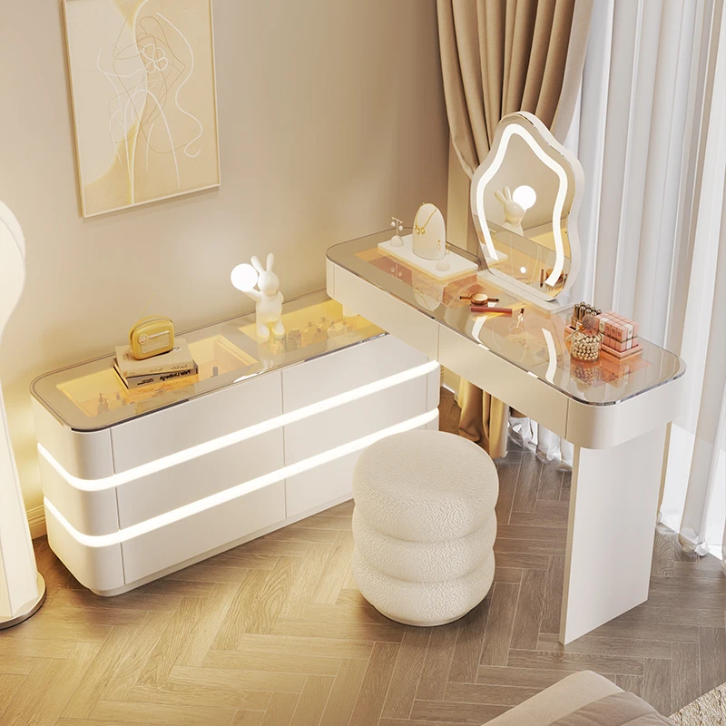 

Wooden Luxury Vanity Table Dest European Hidden Glass Modern Dressing Table White Saving Makeup Tafel Furnitures For Bedroom