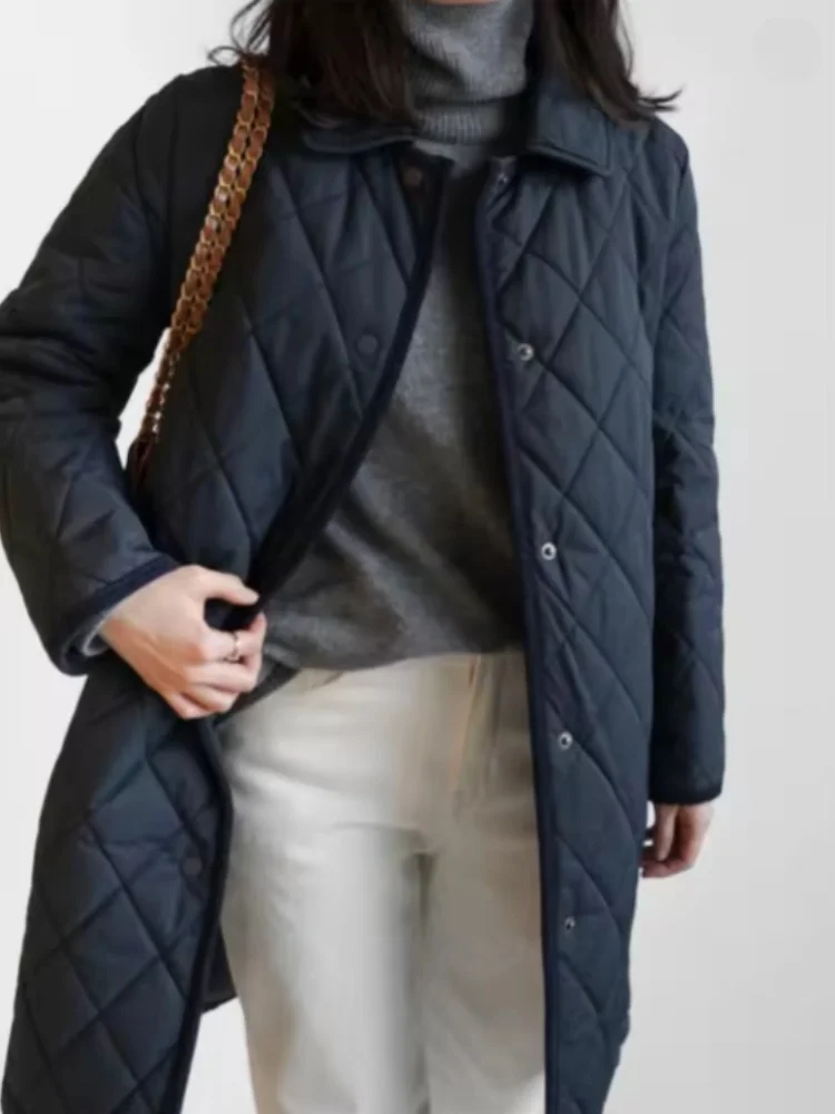 Retro Diamond Pattern Mid-Length Cotton Padded Jacket Women's  Autumn Winter Warm Outerwear Long Sleeve Collar Button Parka