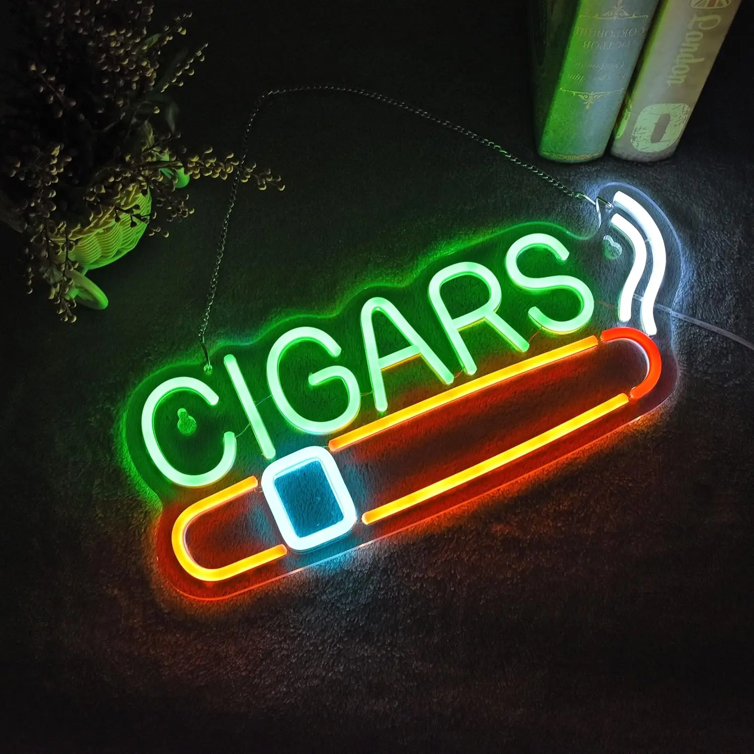 Cigars Smoke Neon Sign Green Orange Yellow LED Wall Art Acrylic USB Powered Dimmable Light Decor for Bar Shop Man Cave Lounge