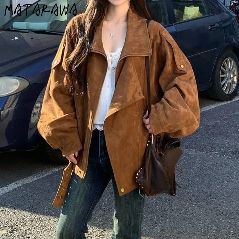 

Matakawa замшевые куртки в американском стиле для женщин, однотонные осенне-зимние винтажные Chaquetas, модная уличная одежда, свободные Jaqueta Feminina