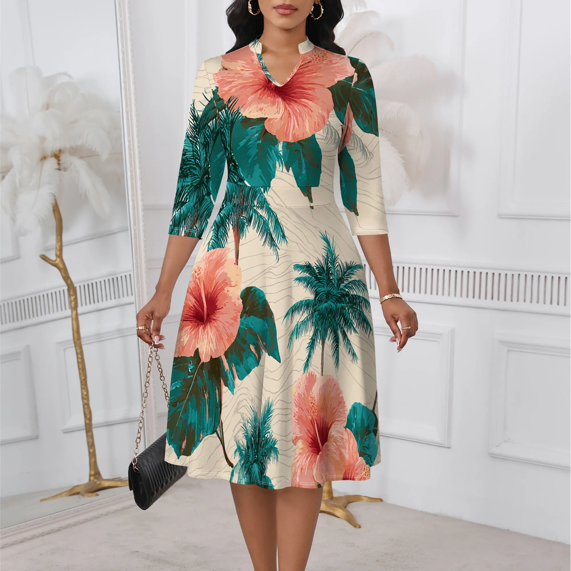 

Tropical Floral Midi Dress XS-3XL 3/4 Sleeve Fit & Flare Style for Beach Vacation, Garden Party or Summer Church Look