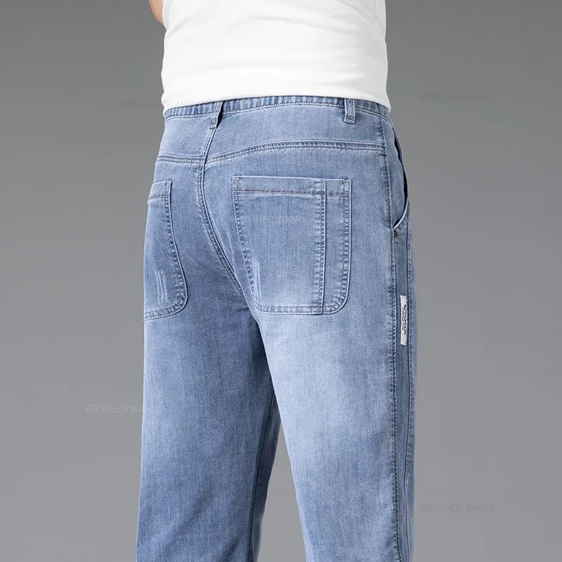 Summer Thin Men\'s Loose Jeans Blue Gray Elastic Waist Stretch Straight Fashionable Light Business Casual Denim Long Pants Male