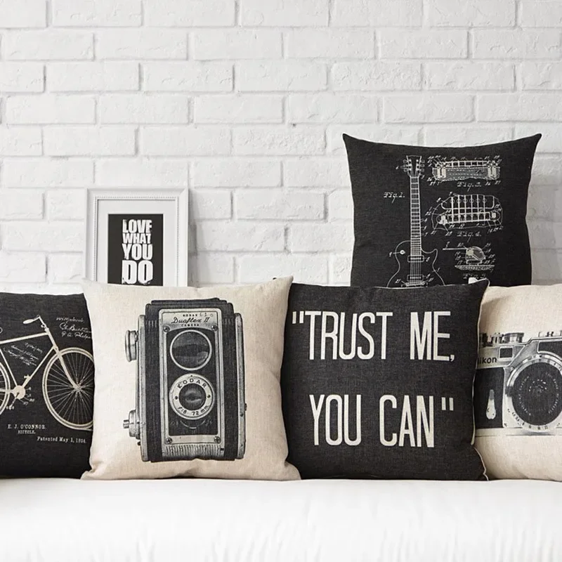 Vintage Black White Camera Bicycle Guitar Printed Cotton Linen Pillow Case Decorative Sofa Car Chair Home Decor Cushion Cover