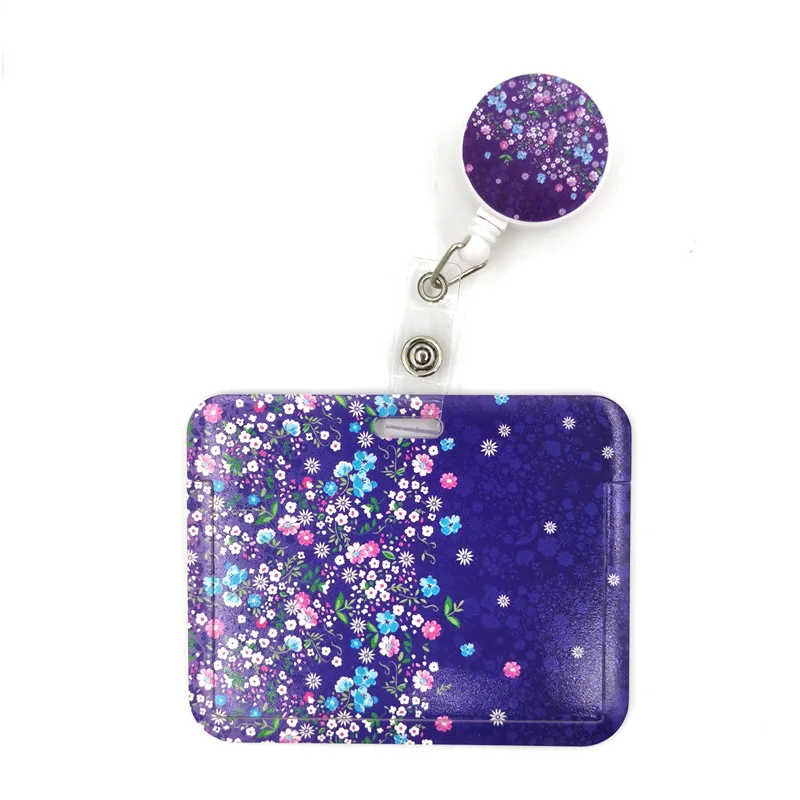 Purple Flowers Retractable Badge Lanyard Nurse ID Business Work Card Badge Holder Office Student Clips Card Cover Holder Bag