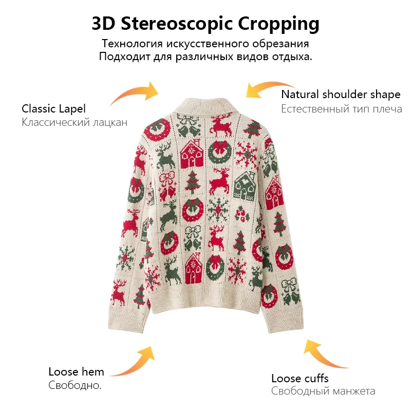 Short Christmas Jacquard Knit Cardigan For Women Polo Collar With Reindeer And Christmas Tree Autumn And Winter Casual Jacket