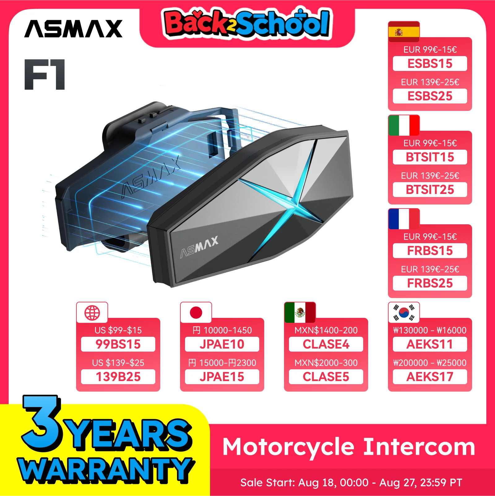 ASMAX F1 バイク インカム 10人同時メッシュ通信可能 バイク用