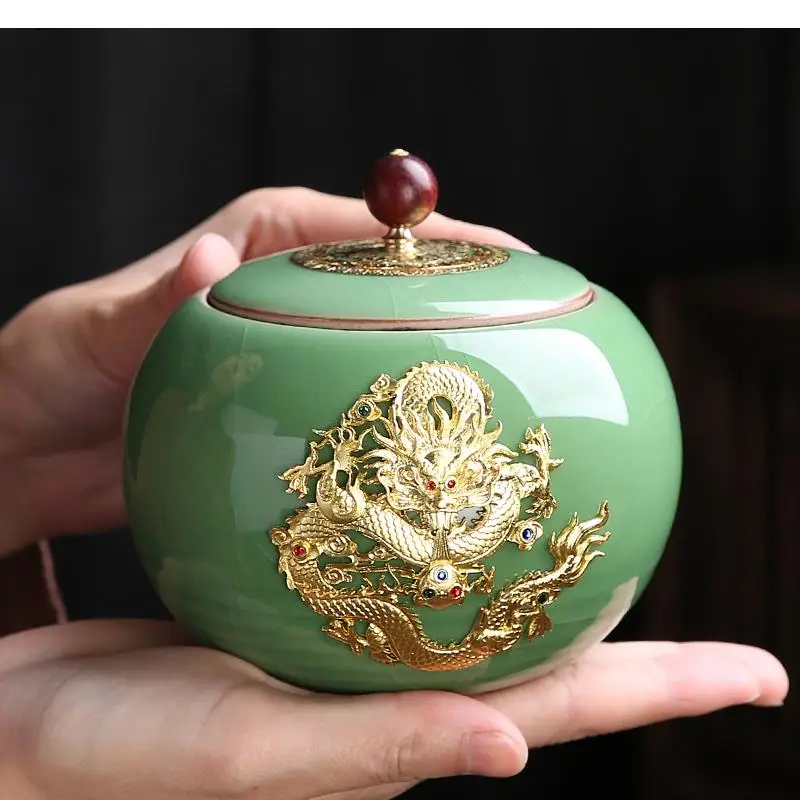 Green Round Ceramic Airtight Jar Handcraft Tea Household 500ML Storage Box/living Room Coffee Table Decoration