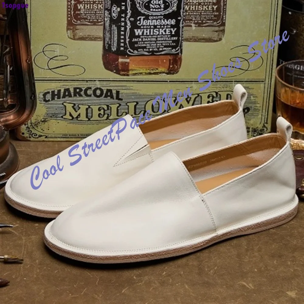 Men White Soft Genuine Leather Slip On Loafers Hand Sewn Light Flat Sole Casual Weekend Street Dress Footwear Comfortable Shoes