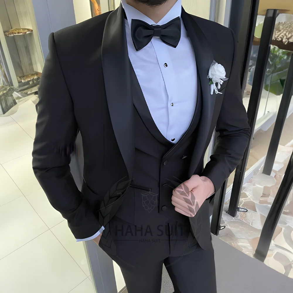 Men's Suit Tailored Tuxed 3-Piece Glossy  Wedding Suit Full Set