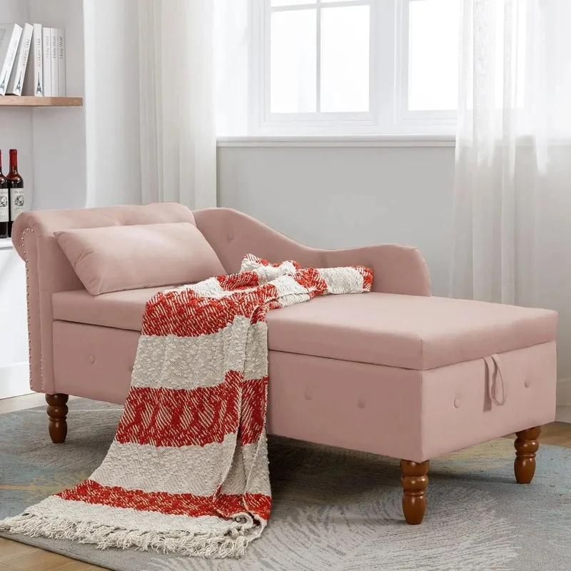 Tufted Velvet Chaise Lounge Chair, Right Arm Facing with Nailhead Trim and One Pillow, Upholstered Indoor Furniture