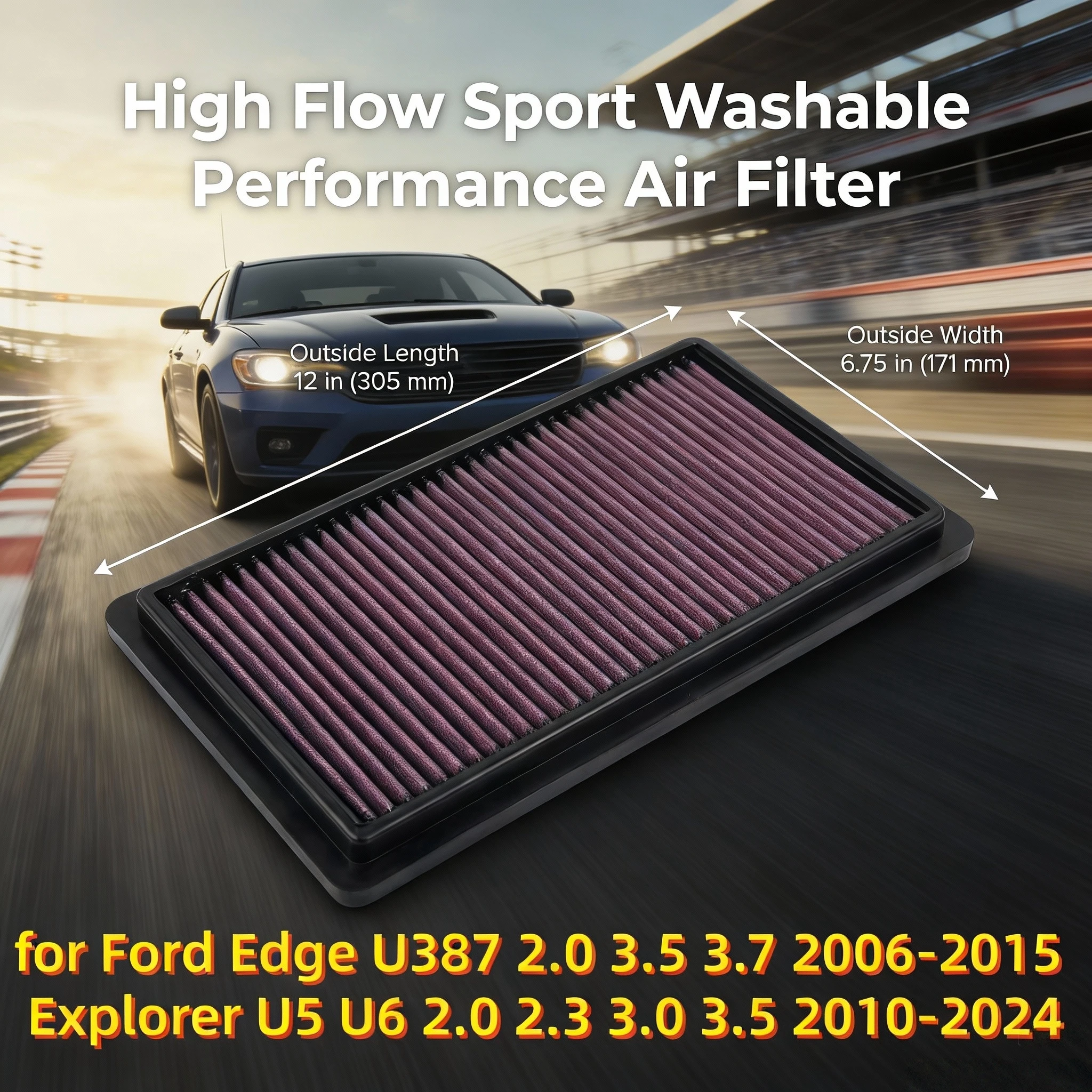 

Для Ford Edge U387 2,0 3,5 3,7 2006-2015 Explorer U5 U6 2,0 2,3 3,0 3,5 2010-2024 Высокопроизводительный спортивный моющийся воздушный фильтр 33-2395