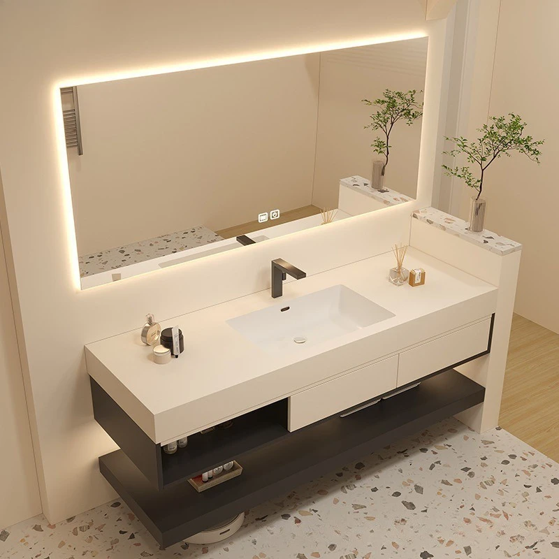 

Minimal i semicircular mirror rock slab integrated basin bathroom cabinet combination solid wood smart washstand pool