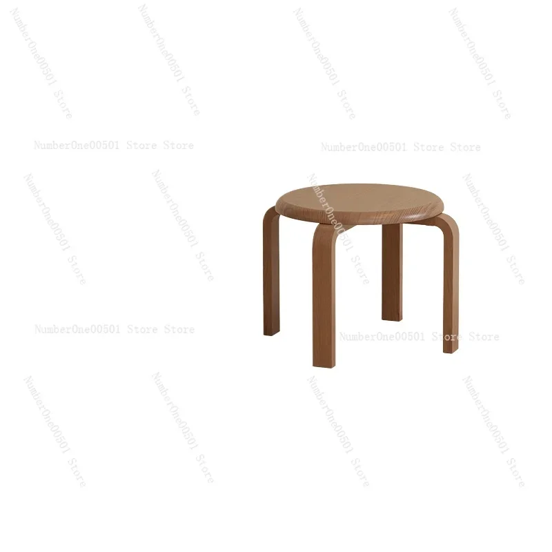 Solid Wood Stool Stackable Padded Seat Round Ottoman Pouf for Dining Living Room -095