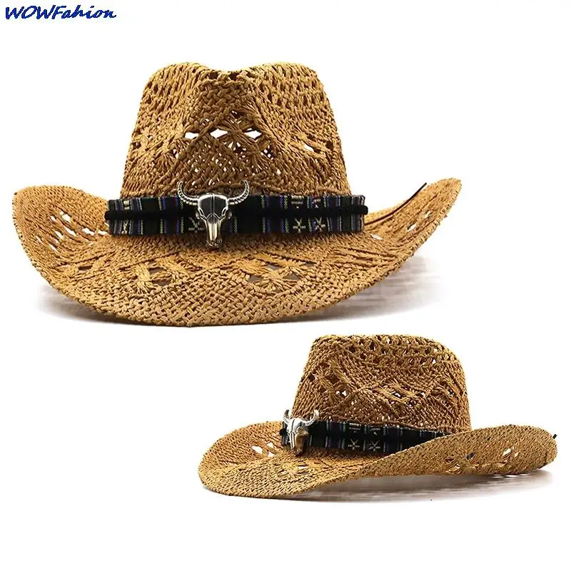 

Hollowed Handmade Cowboy Straw Hat Women Men Panama Summer Outdoor Travel Beach Hats Unisex Solid Western Sunshade Cap