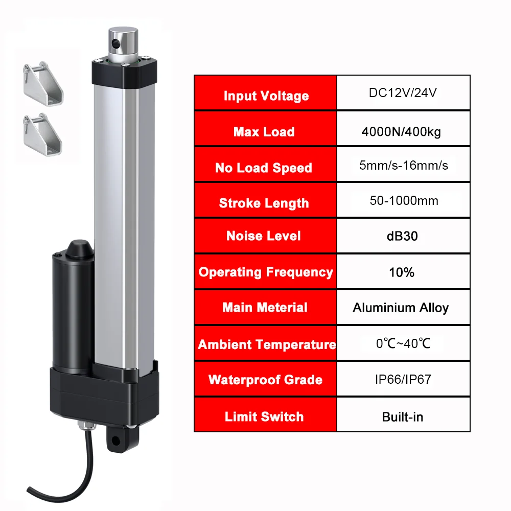 4000N Linear Actuator DC12V/24V Electric Lifting Motor 100mm~1000mm Stroke 80kg~400kg Load Adjustable Telescopic Rod 25dB 75W