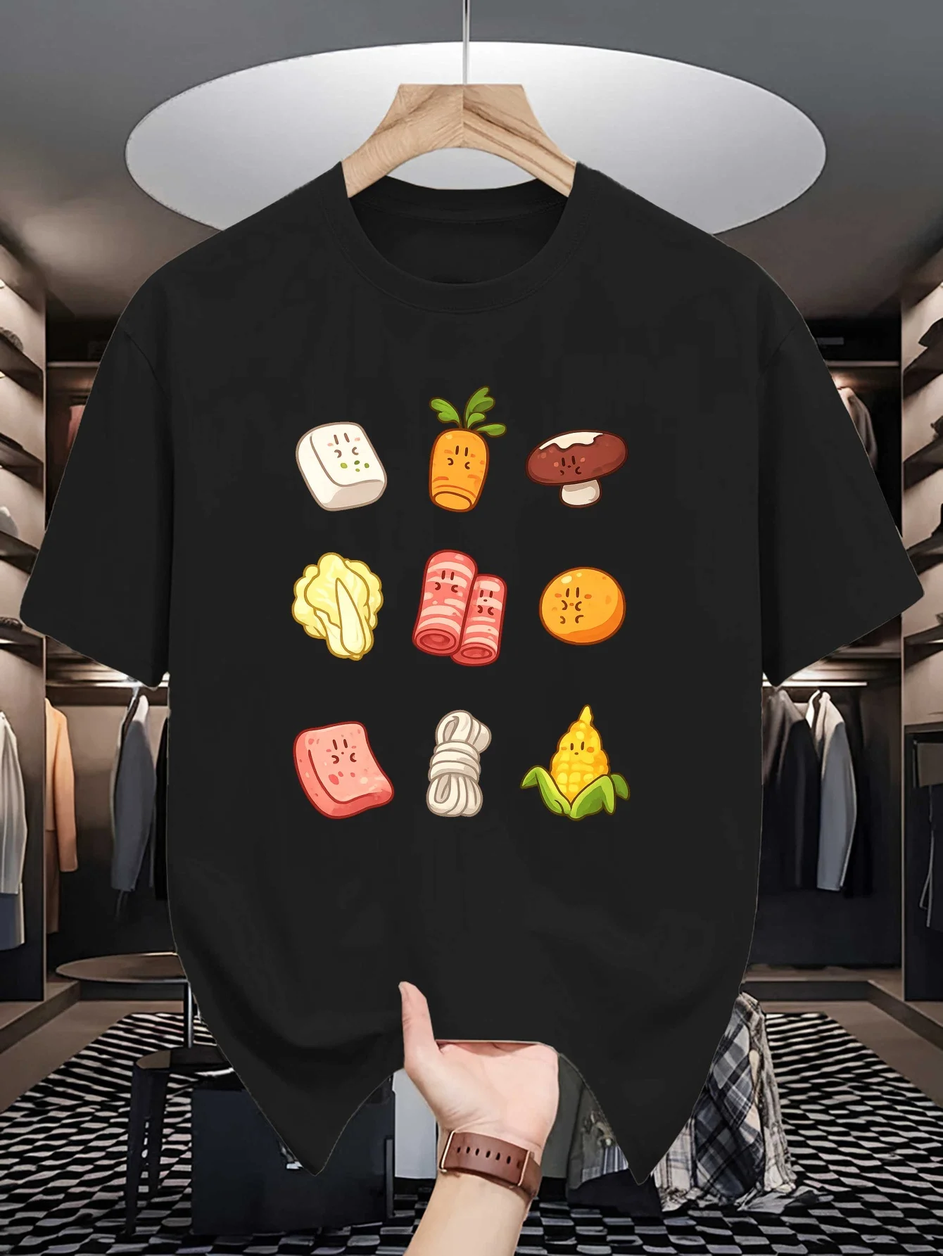 Mens Crew Neck T Shirt Cute Cartoon Hot Pot Ingredients Graphic Short Sleeve Casual Cotton Delicious Food Summer Streetwear Tees