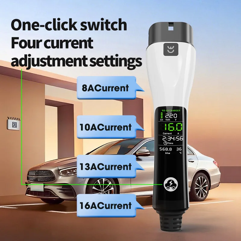 PKQ 3.5KW 16A Type2  EV Portable Charger 5M Cable EVSE EU/UK Plug Wall Box Adapter for Electric Vehicle with Display Screen