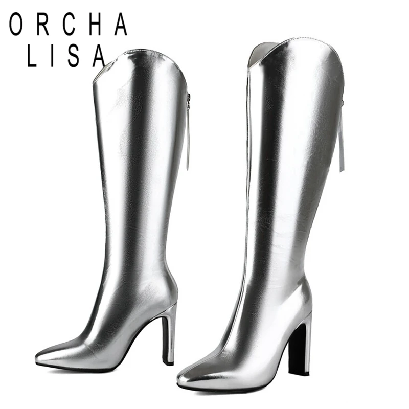 ORCHALISA 10cm Heel Fashion Knee Boots Wide Leg Autumn Winter Back Antislip Shoes Big Size 46 47 48 US17 White Silver