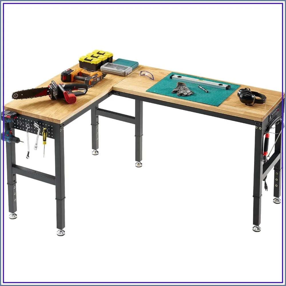 68x48 Inch L-Shaped Adjustable Workbench for Garage Workshop, Heavy Duty Steel Frame