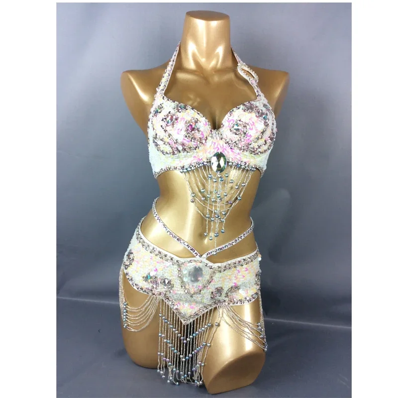 Traje de danza del vientre con lentejuelas y cuentas, cinturón + sujetador, disfraces de Samba, sujetador para Club de EE. UU., evento para mujer, festival de música, traje rave