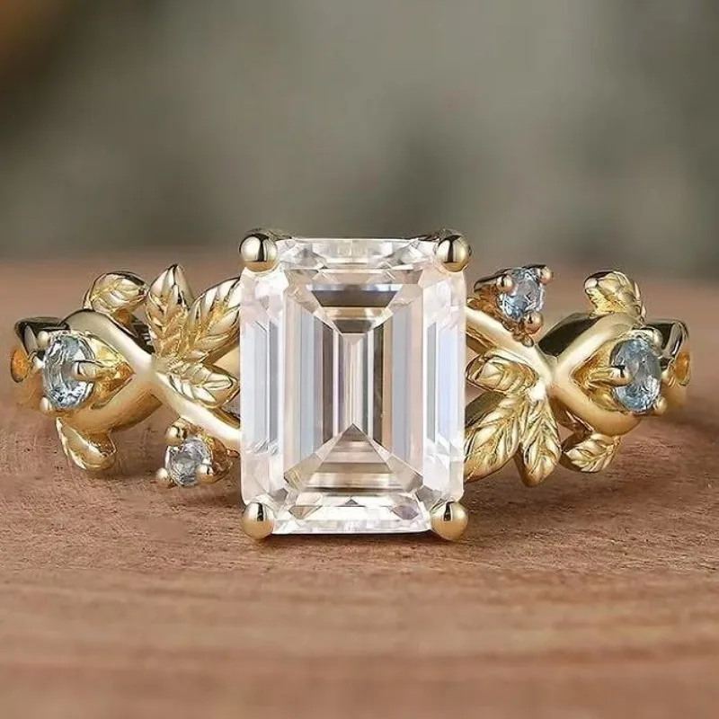 

Exquisite Gold Color Inlaid with White Blue Stone Rings Fashion Flower Square Party Engagement Wedding Rings for Women Jewelry