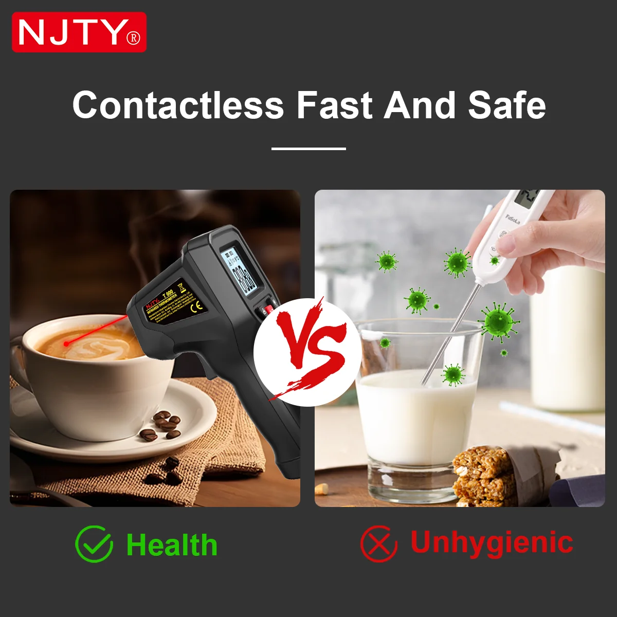 NJTY T600 Infrared Thermometer Gun Non-Contact -58°F to 1112°F Professional Industrial Laser Temperature Gun for Cooking Home