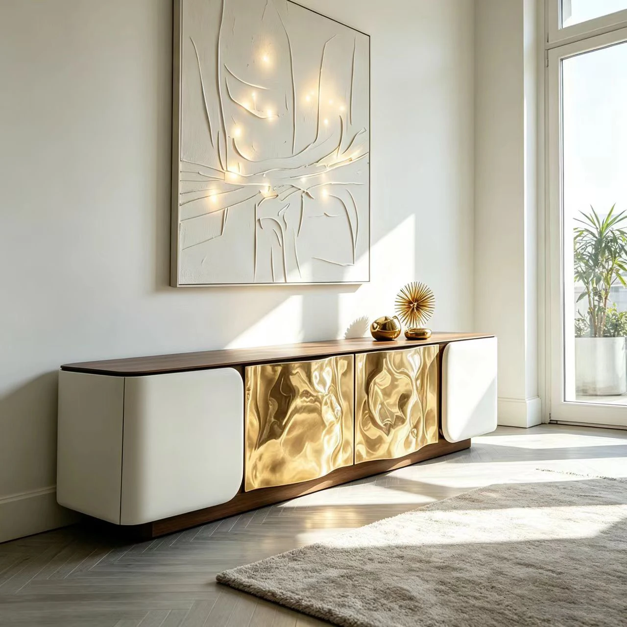 Y*-White Walnut Wood Sideboard Cabinet Textured Gold Fiberglass Door Fronts for Contemporary Upscale