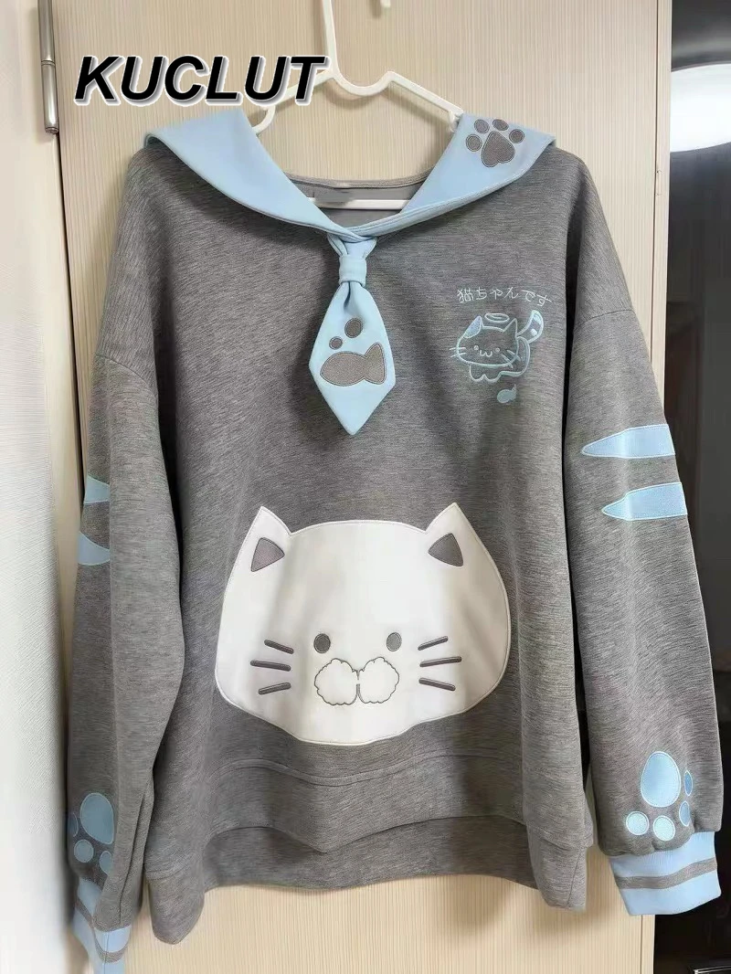 일본 대학 스타일 긴 소매 풀오버 캐주얼 스웨트셔츠 여성용 가을 겨울 두꺼운 귀여운 세일러 칼라 루즈 탑