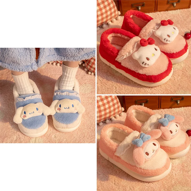 New Kawaii My Melody Hellokts Cinnamon Purin Soft Cotton Slippers Anime Girls Plush Winter Warm Indoor Outdoor Cute Shoes Gifts