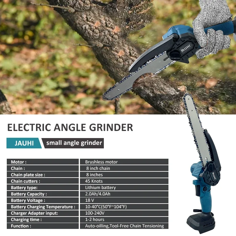 JAUHI 8 Inch Brushless Chain Saw Mini Handheld Pruning Chainsaw Woodworking Electric Saw Cutting Power Tool for Makita Battery