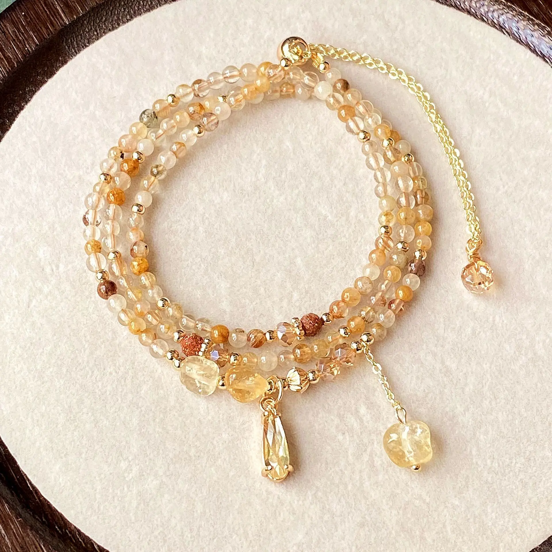 Natural Crystal Jewelry Multilayer Caramel Yellow Rabbit Hair Citrine Crystal Three-circle HandString Lucky Fortune Fine Jewelry