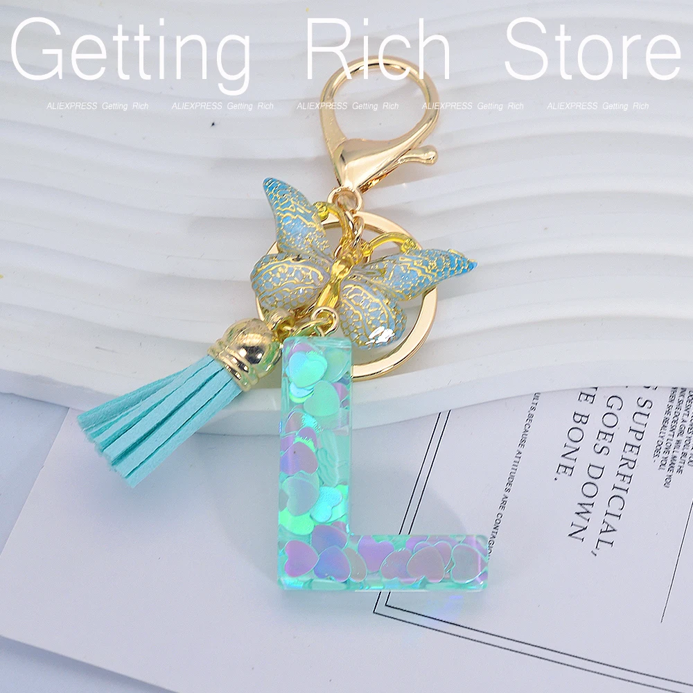 A-Z Green Heart Sequin Letter Keychain Resin Initials Name Keyring With Butterfly Tassel For Friend Purse Bag Handbag Decor Gift