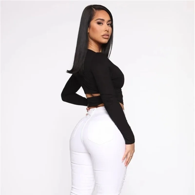 Style INS Women's Summer Sexy Crop Top Lightweight Chest Wrap Tie Round Neck T-Shirt Hollow Out Design