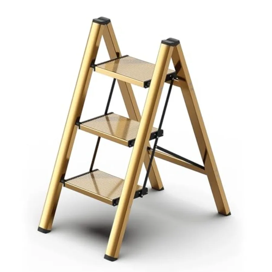 

Foldable Stool for Closet/Kitchen-Aluminium Gold Ladder Stools Folding 0lbs Lightweight Ladders with Anti-Slip Wide Pedal Porta