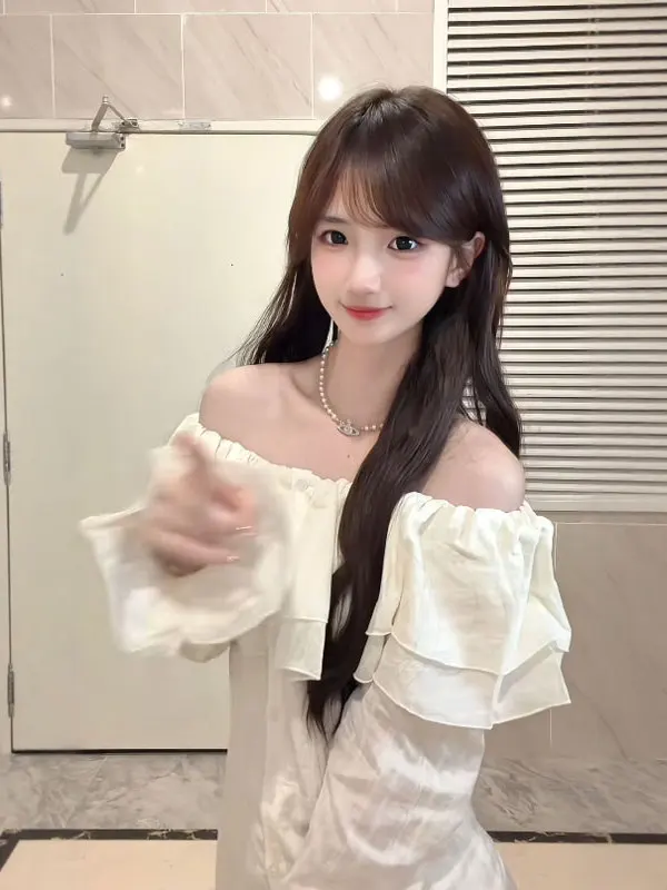 

French Sle Long Sve One oulder irt Women's Ele Lace Trim Top Unique Beautiful Faionable Cotton Slim Fit irt