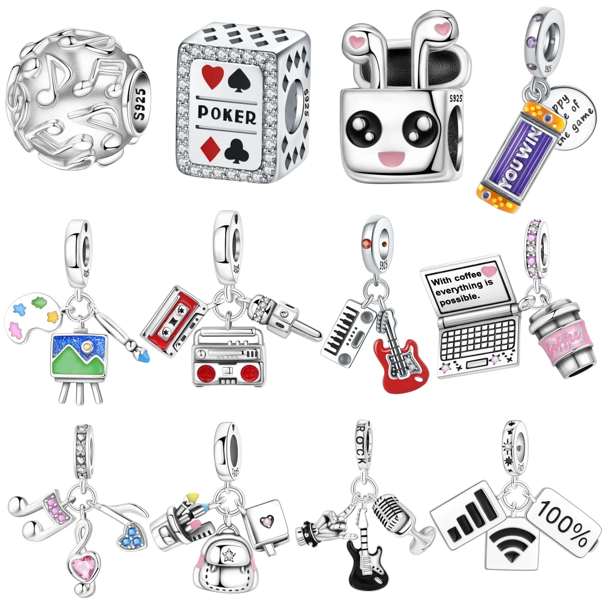 MISEFF S925 Sterling Silver Charm Interest Music Notes Guitar Pendant For Original Bracelet DIY Jewelry Making Women Gift